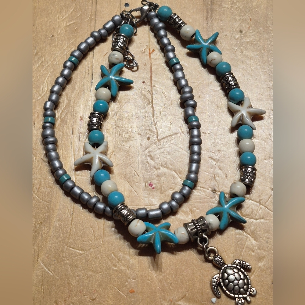 Starfish Charm Beaded Necklace - Silver and Blue Anklet with Turtle Charm